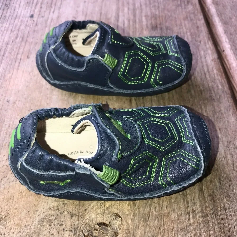 Stride Rite Boys Girls Shoes 2M 2 M Lil Chuckle Navy Blue Green Turtle‎ LeatherD